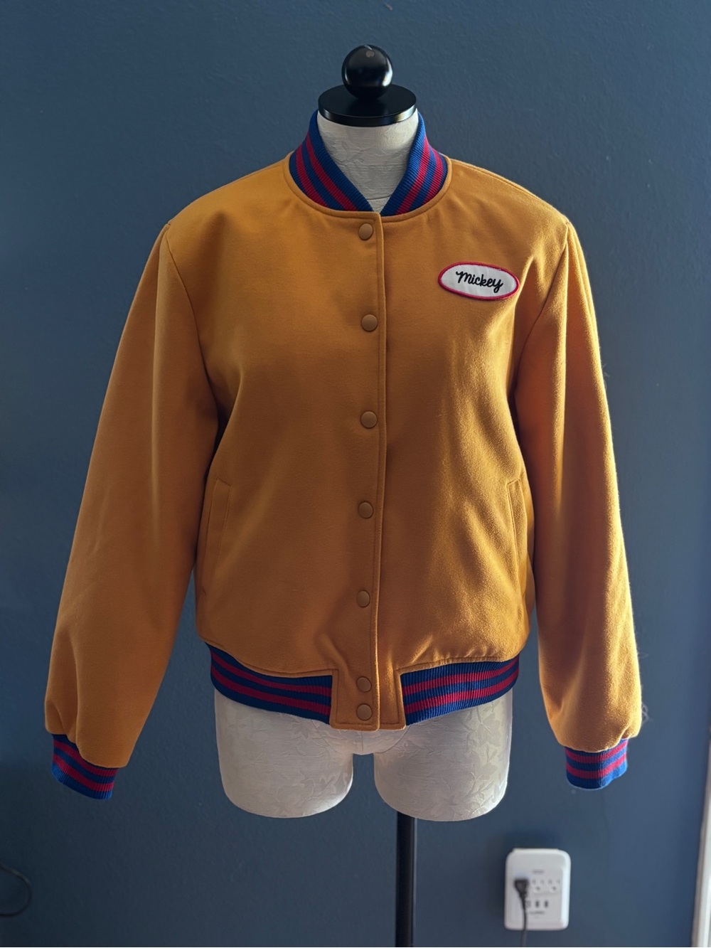 Forever 21 Disney Mickey Mouse Varsity Bomber Jacket L Mustard 90th Anniversary